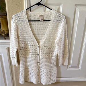 Dkny White Cardigan Sweater with Textured Knit and V-Neck